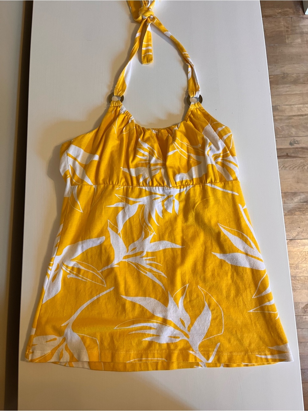 Yellow Halter Top with White Tropical Print